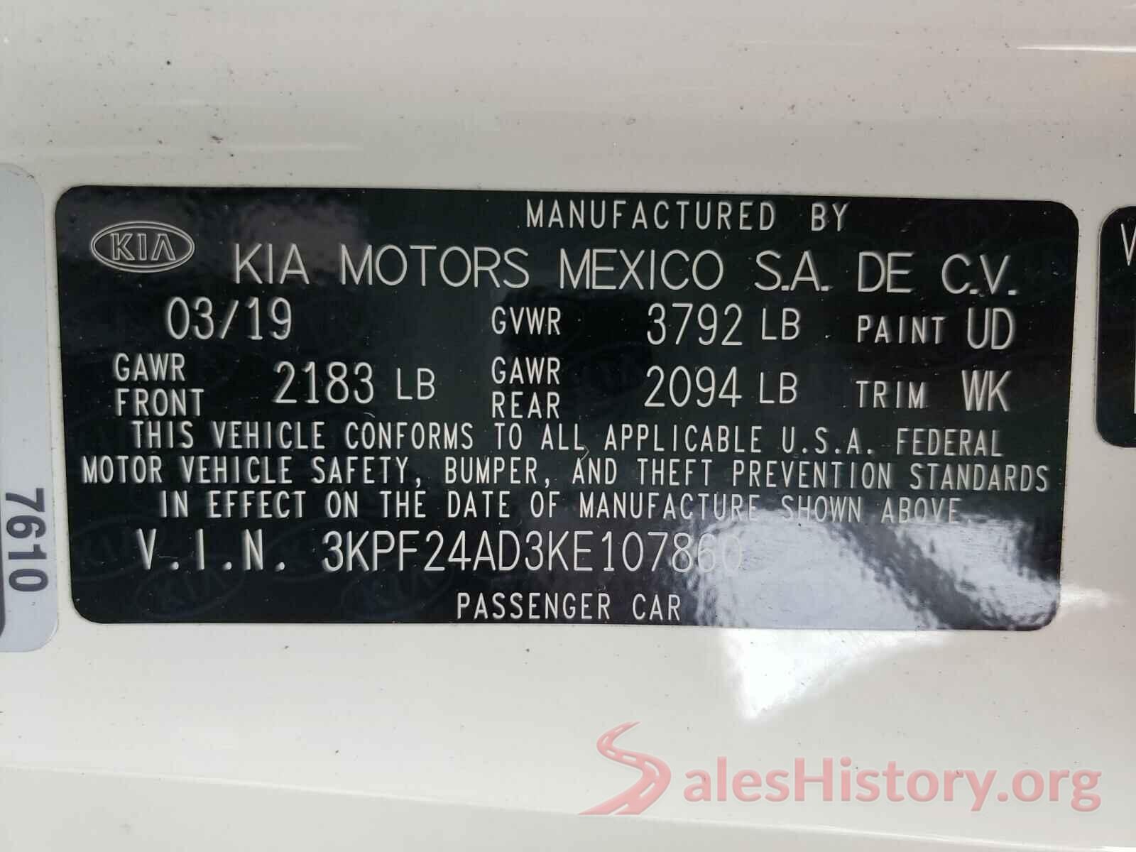 3KPF24AD3KE107860 2019 KIA FORTE