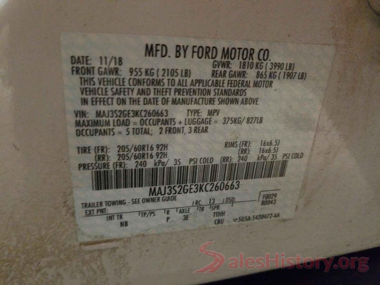 MAJ3S2GE3KC260663 2019 FORD ALL OTHER