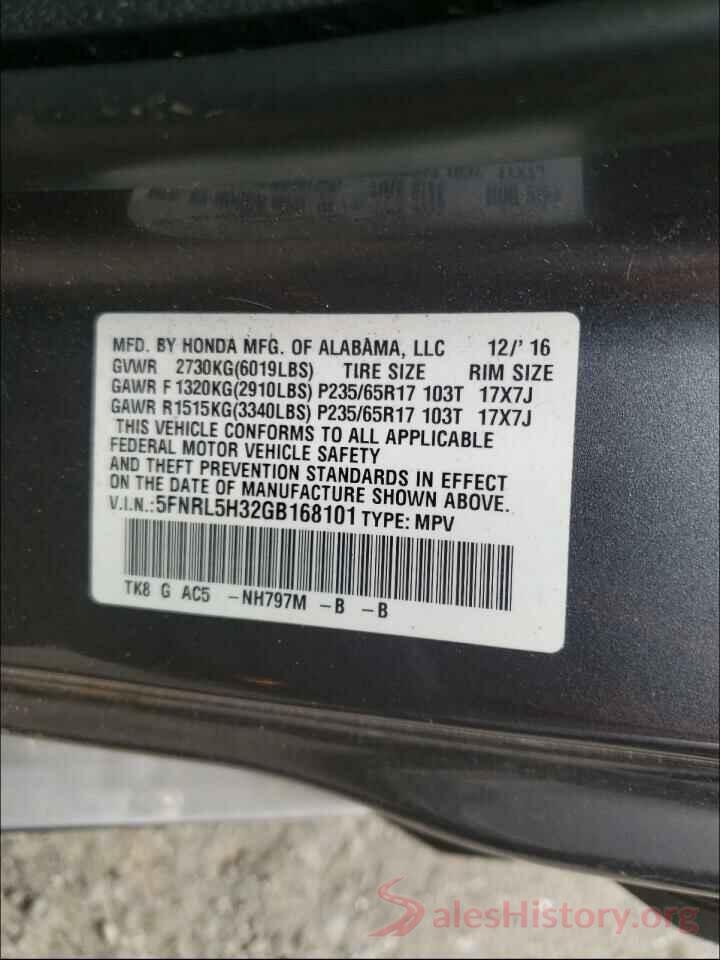 5FNRL5H32GB168101 2016 HONDA ODYSSEY