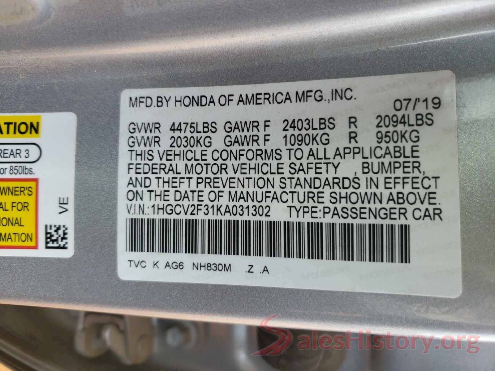 1HGCV2F31KA031302 2019 HONDA ACCORD