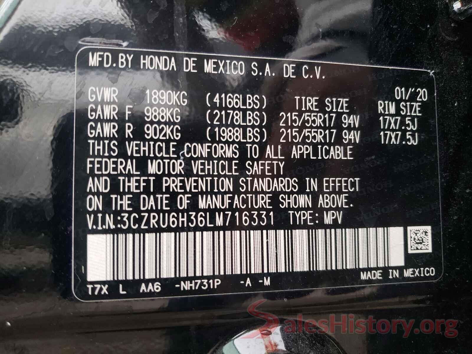 3CZRU6H36LM716331 2020 HONDA HR-V