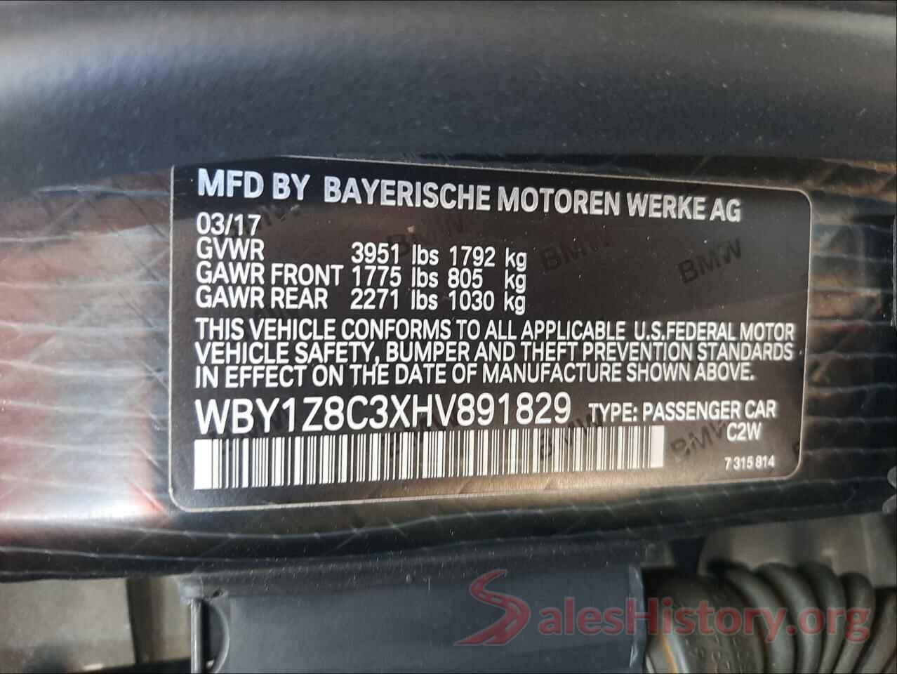 WBY1Z8C3XHV891829 2017 BMW I SERIES