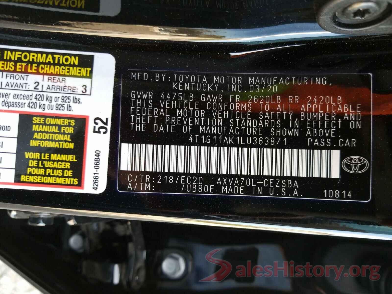 4T1G11AK1LU363871 2020 TOYOTA CAMRY