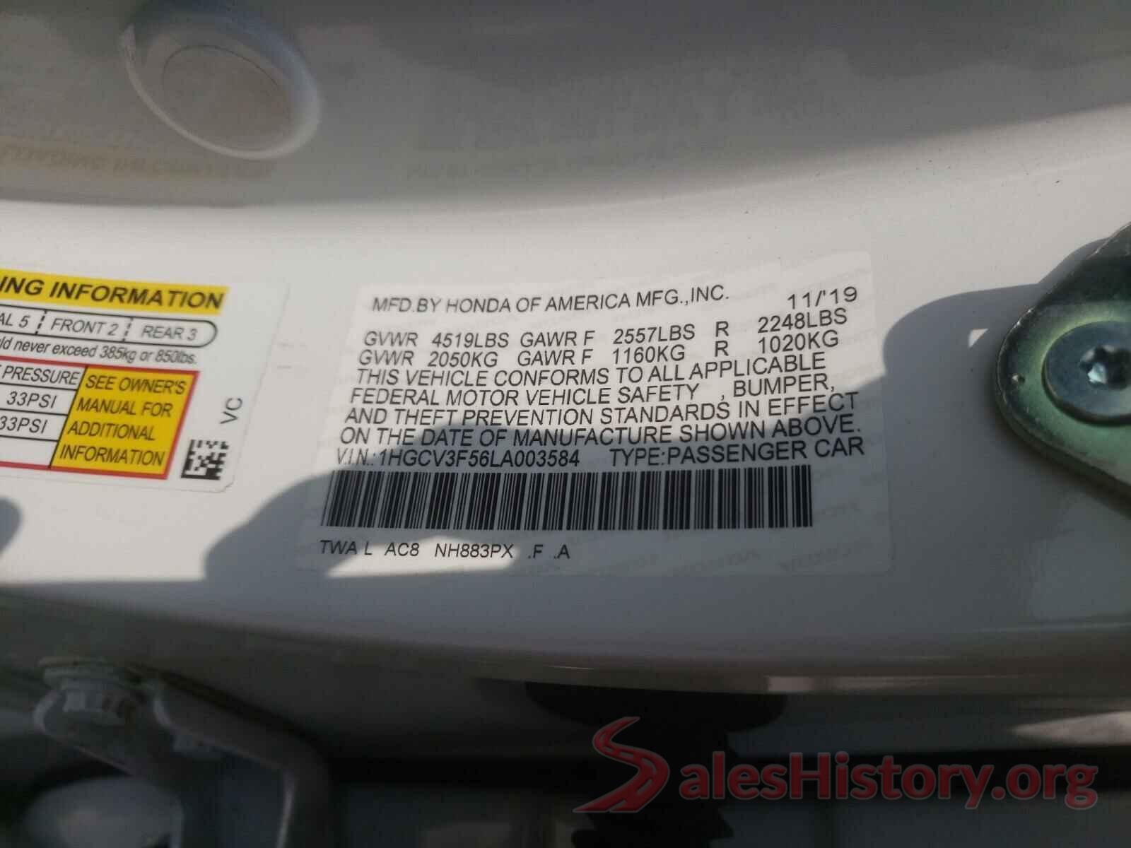 1HGCV3F56LA003584 2020 HONDA ACCORD