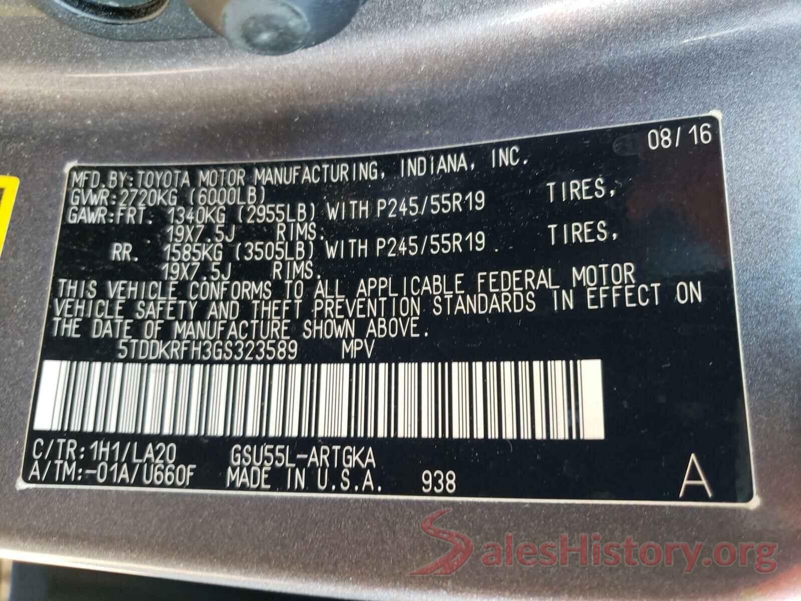 5TDDKRFH3GS323589 2016 TOYOTA HIGHLANDER