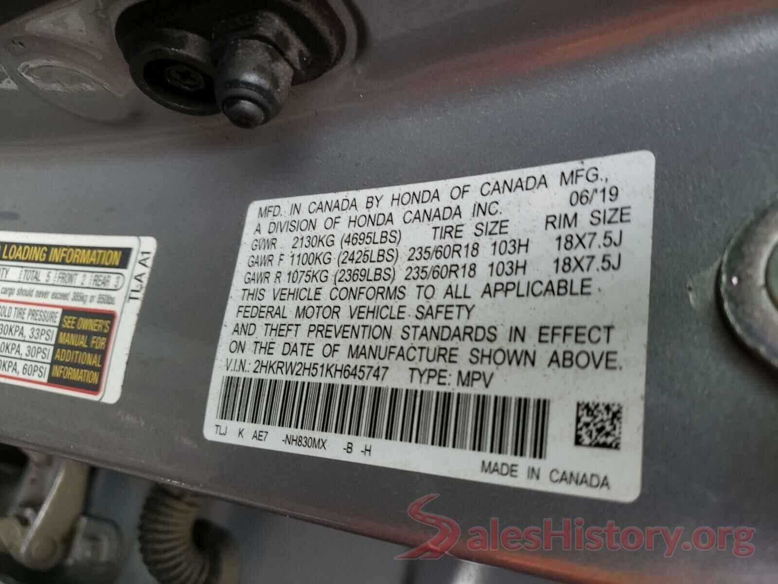 2HKRW2H51KH645747 2019 HONDA CRV