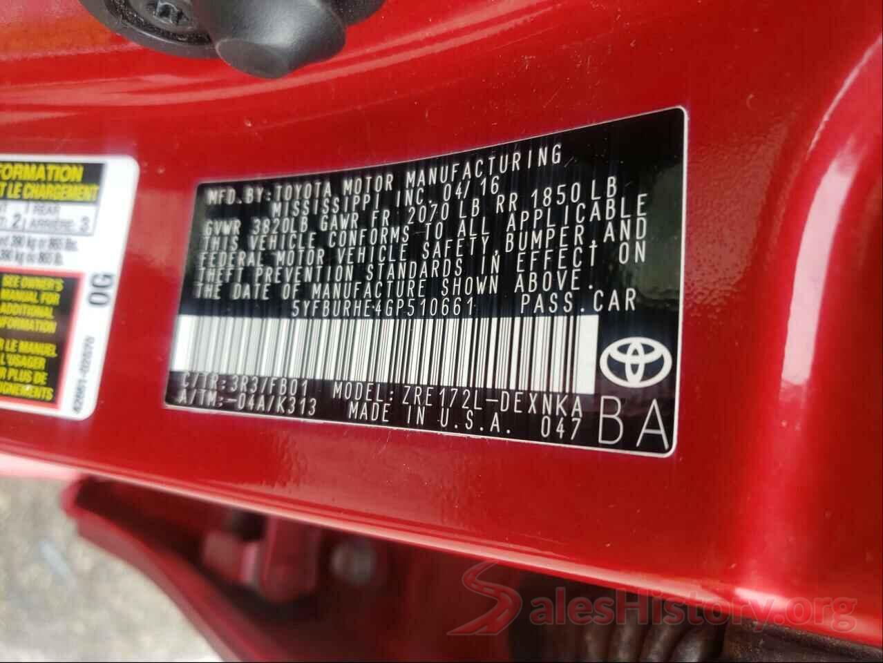 5YFBURHE4GP510661 2016 TOYOTA COROLLA