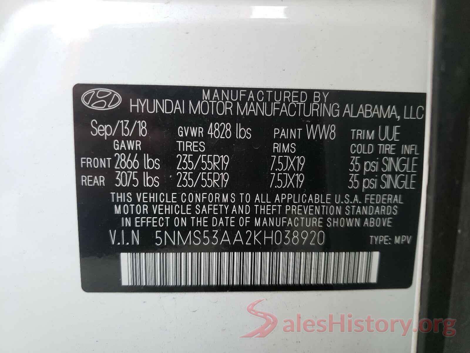 5NMS53AA2KH038920 2019 HYUNDAI SANTA FE