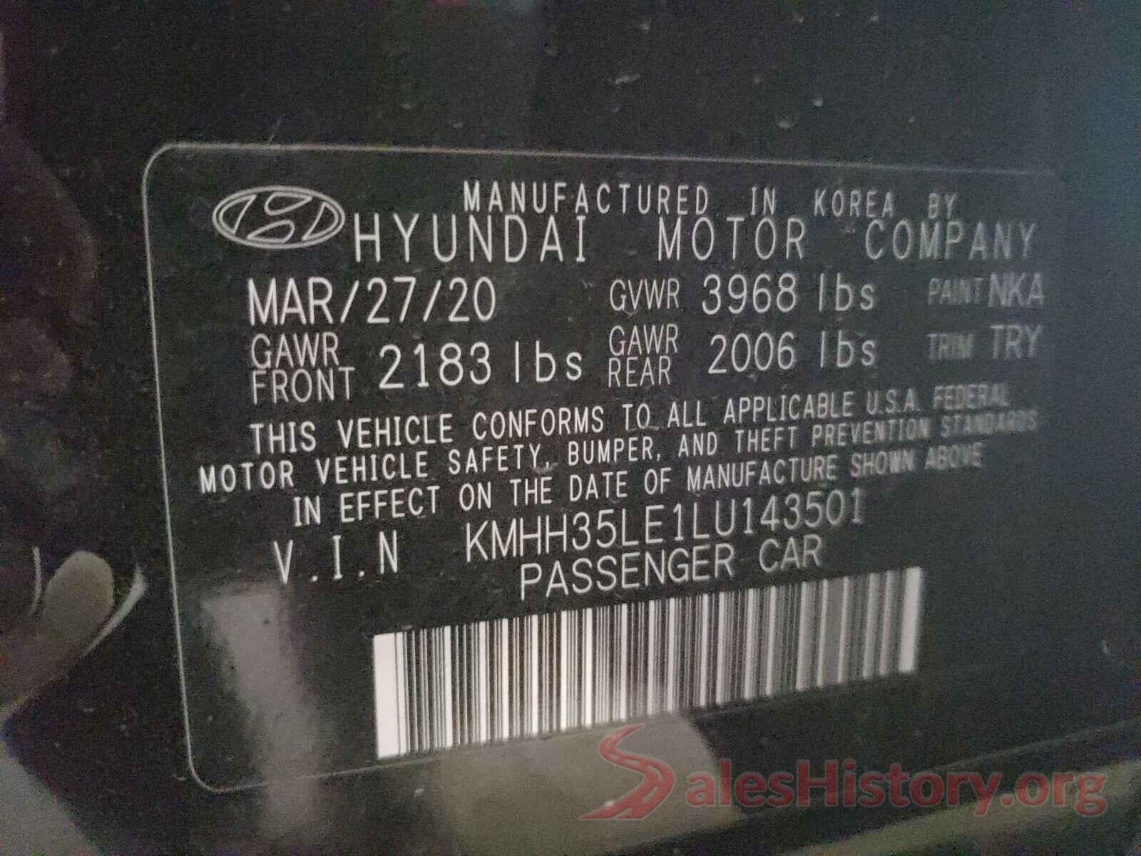 KMHH35LE1LU143501 2020 HYUNDAI ELANTRA