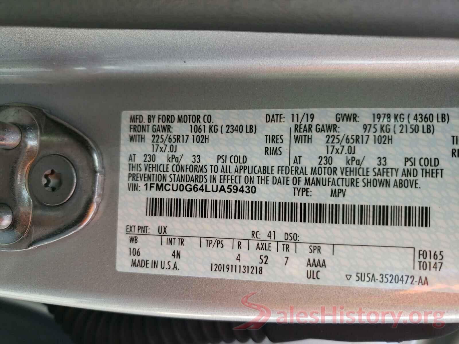 1FMCU0G64LUA59430 2020 FORD ESCAPE