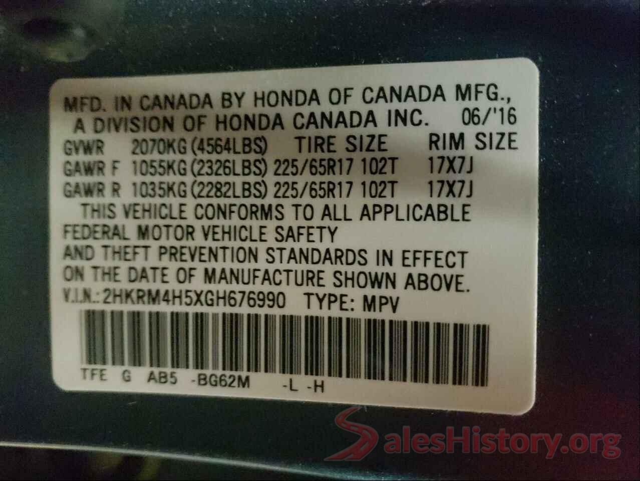 2HKRM4H5XGH676990 2016 HONDA CRV