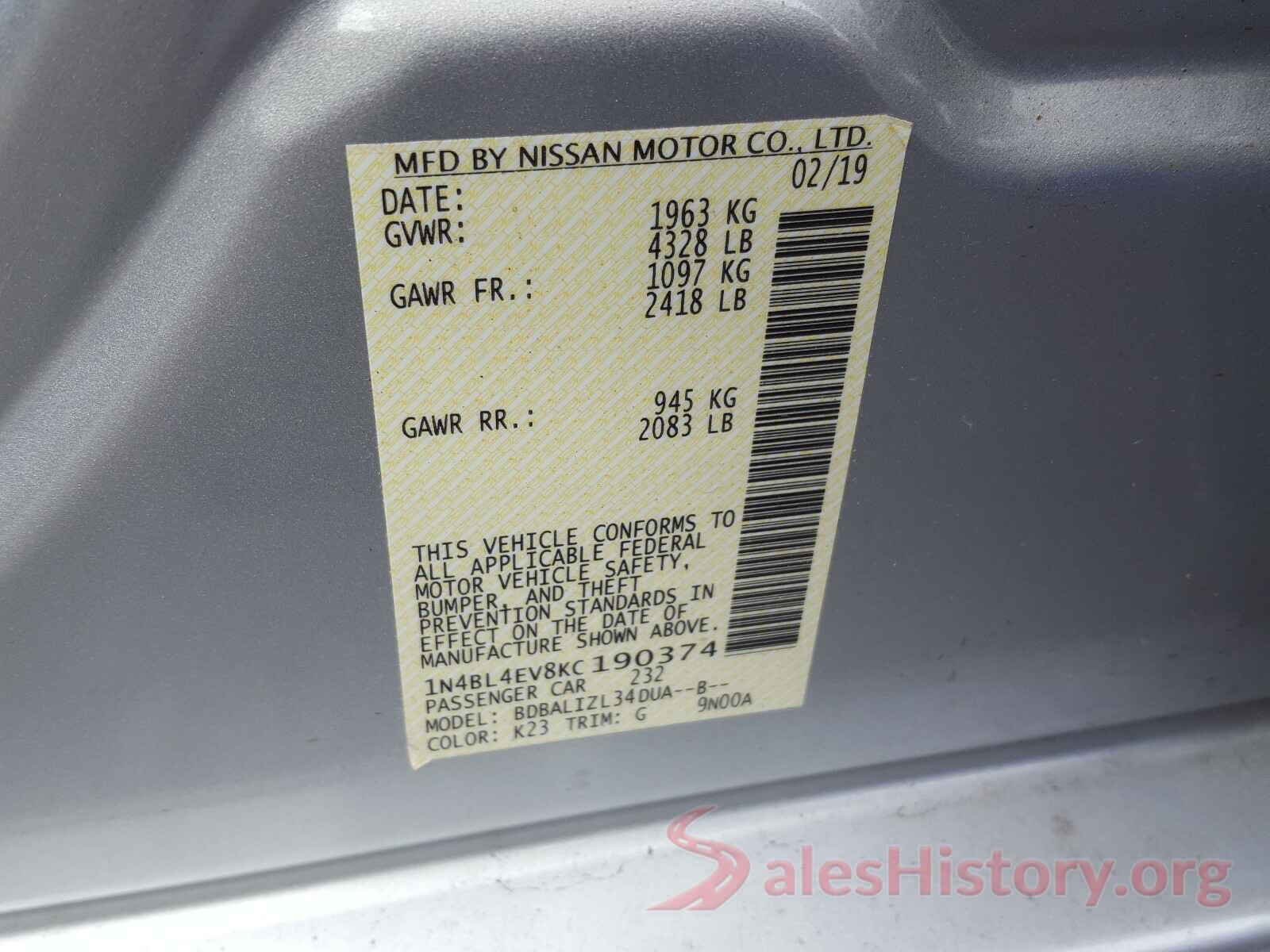 1N4BL4EV8KC190374 2019 NISSAN ALTIMA