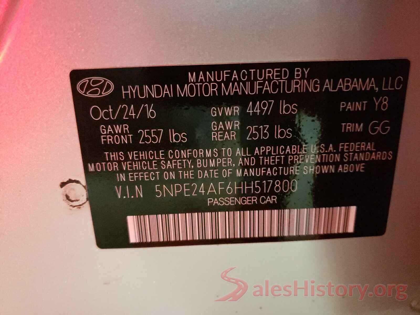 5NPE24AF6HH517800 2017 HYUNDAI SONATA