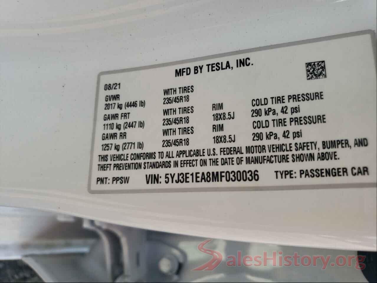 5YJ3E1EA8MF030036 2021 TESLA MODEL 3