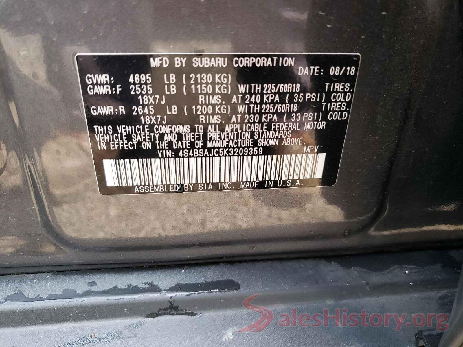 4S4BSAJC5K3209359 2019 SUBARU OUTBACK