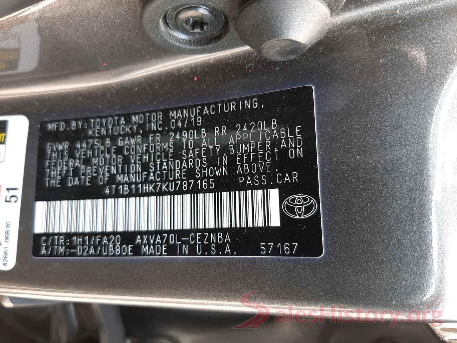 4T1B11HK7KU787165 2019 TOYOTA CAMRY