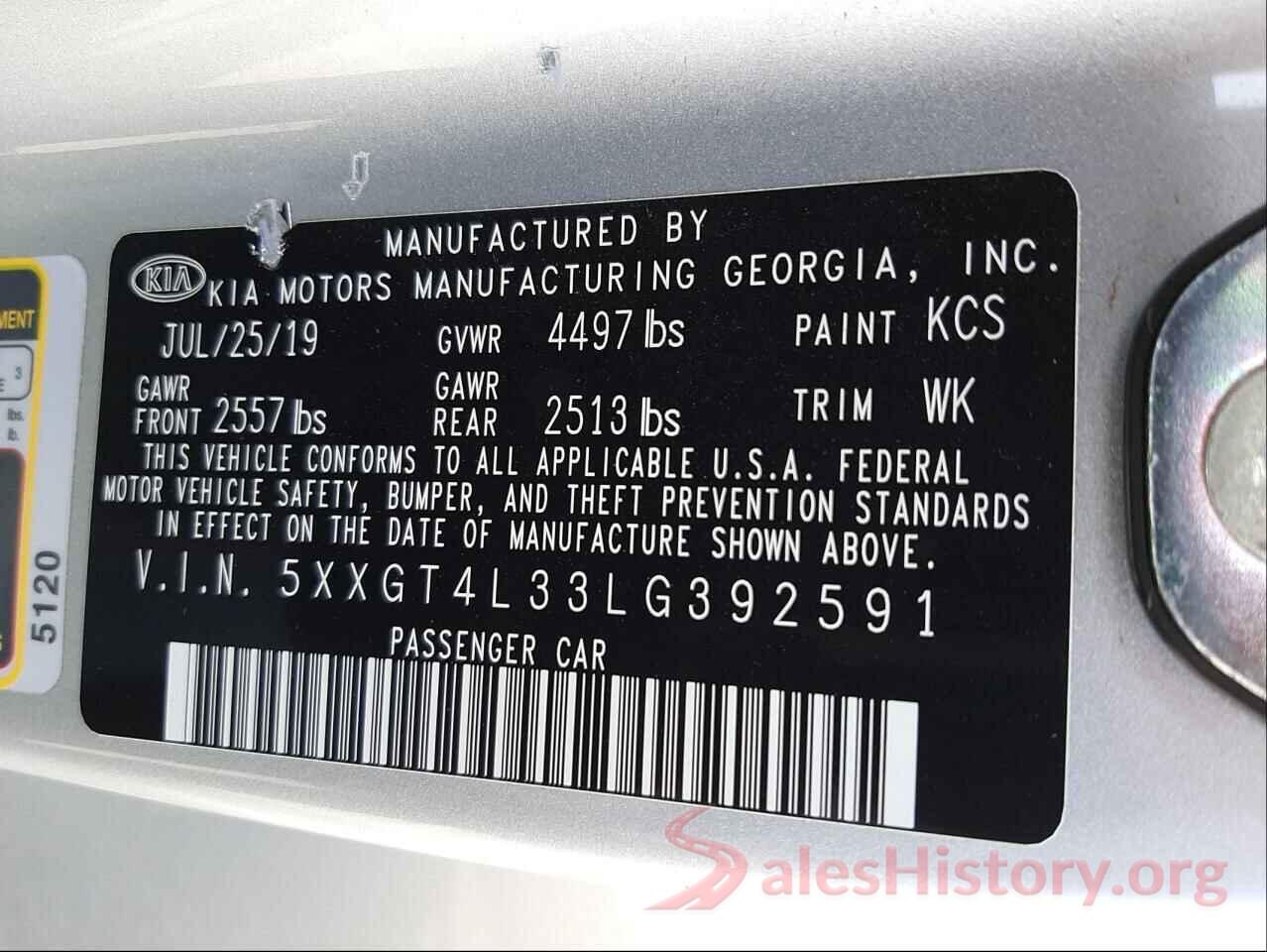 5XXGT4L33LG392591 2020 KIA OPTIMA