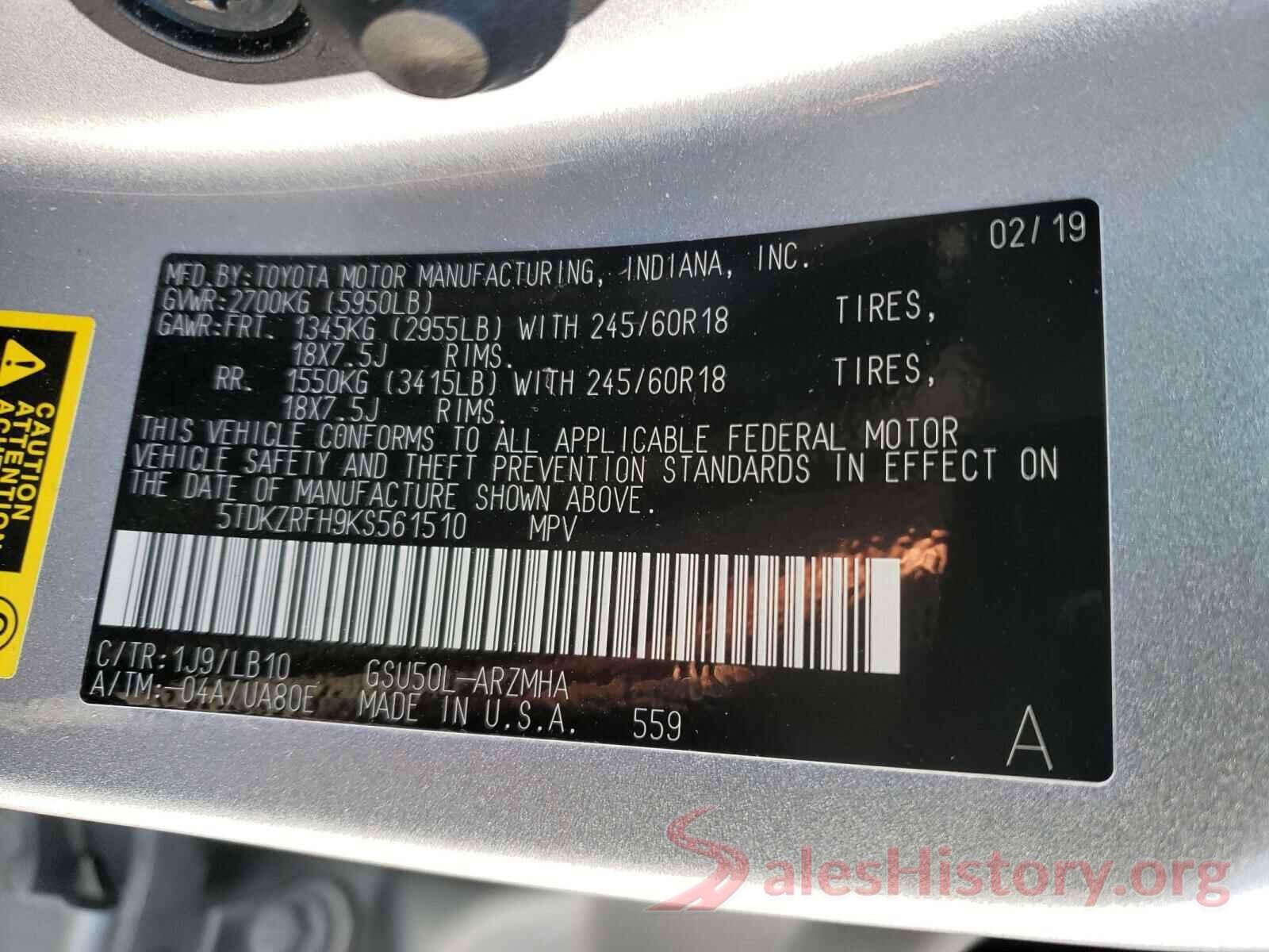 5TDKZRFH9KS561510 2019 TOYOTA HIGHLANDER