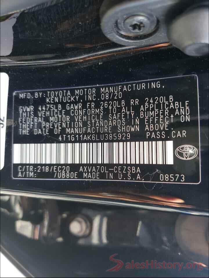 4T1G11AK6LU385929 2020 TOYOTA CAMRY