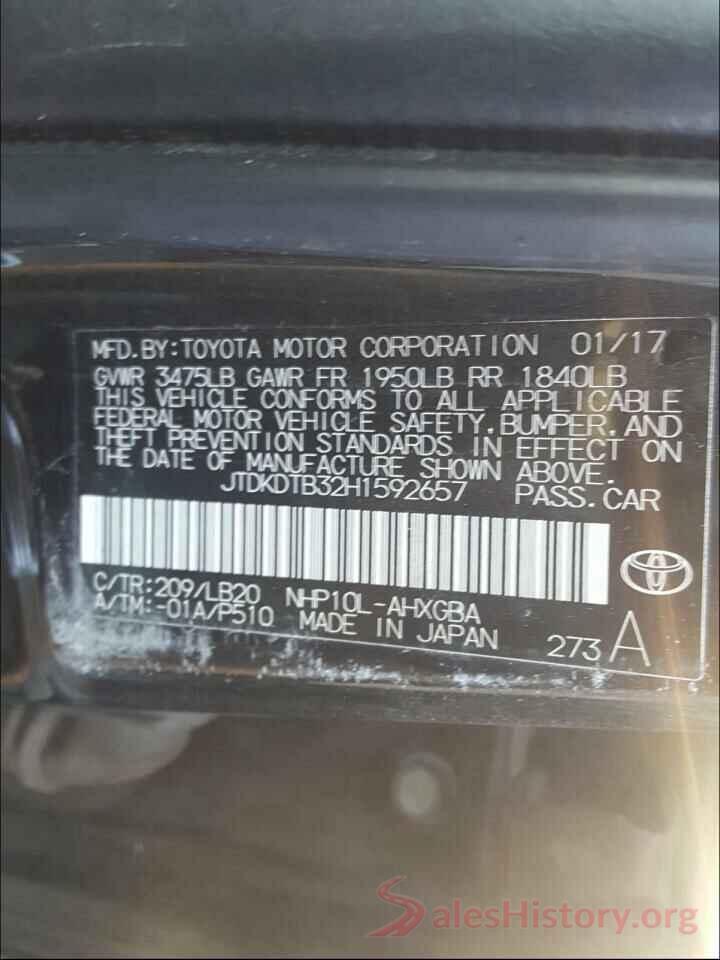 JTDKDTB32H1592657 2017 TOYOTA PRIUS