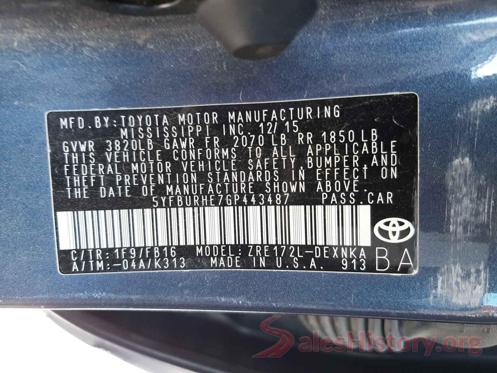 5YFBURHE7GP443487 2016 TOYOTA COROLLA