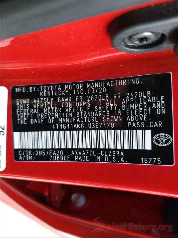 4T1G11AK8LU367478 2020 TOYOTA CAMRY