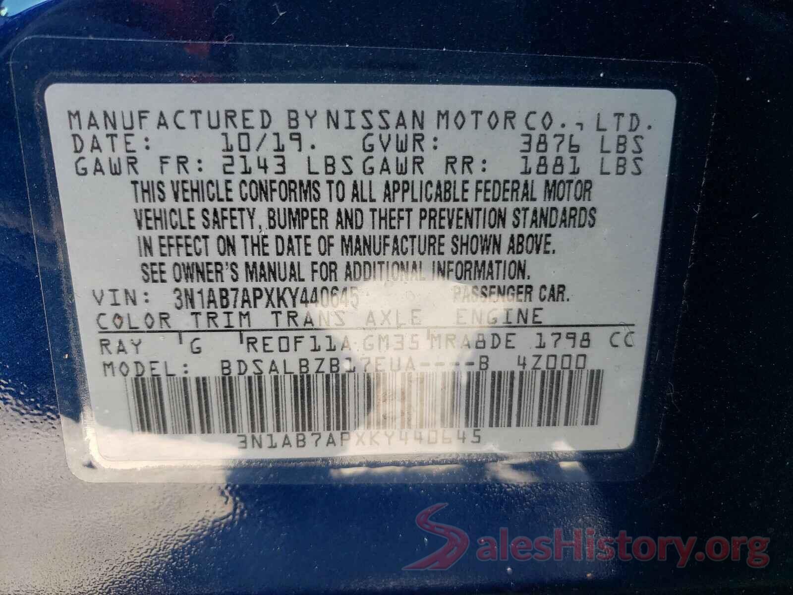 3N1AB7APXKY440645 2019 NISSAN SENTRA