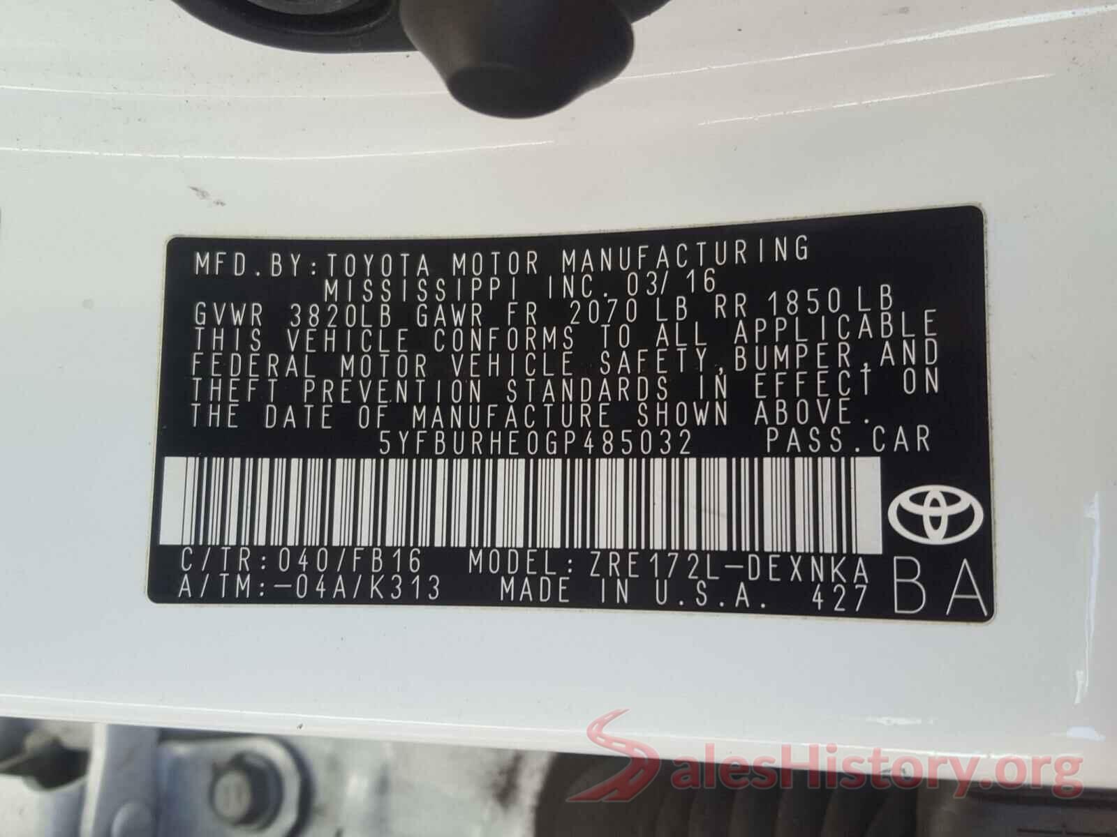 5YFBURHE0GP485032 2016 TOYOTA COROLLA