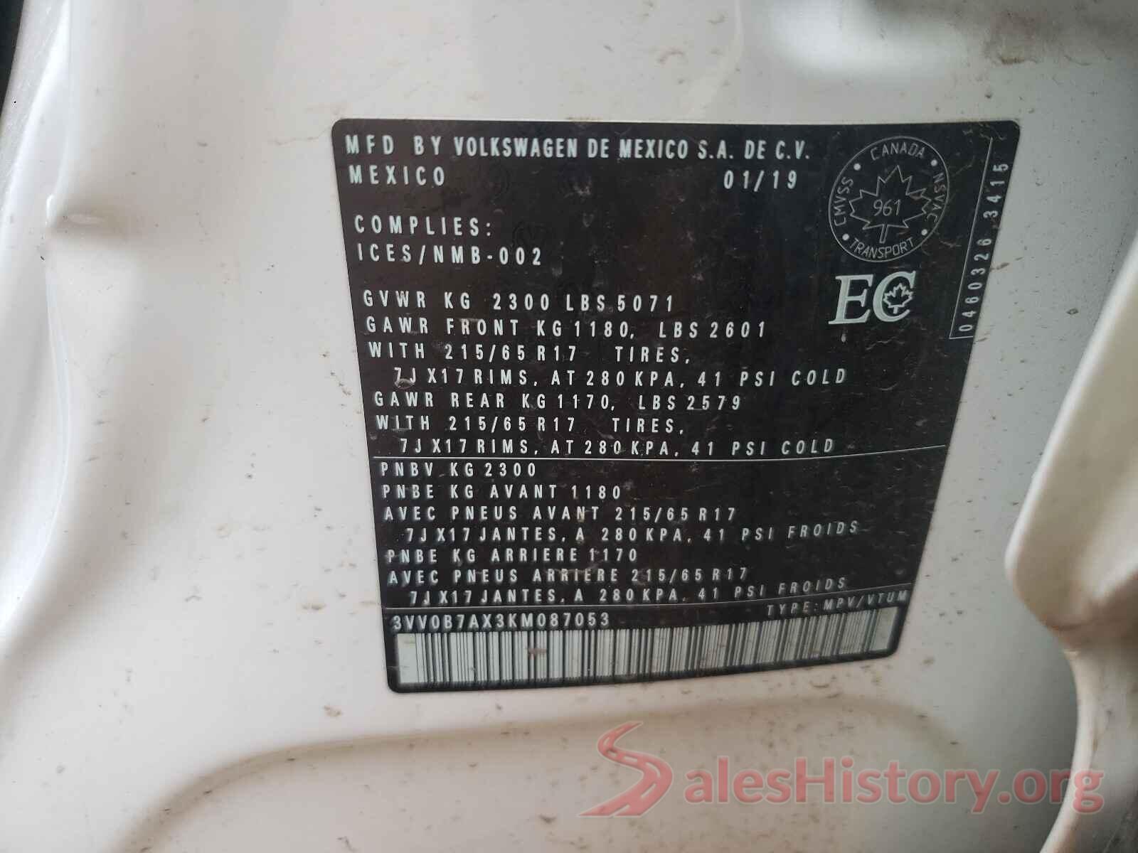 3VV0B7AX3KM087053 2019 VOLKSWAGEN TIGUAN