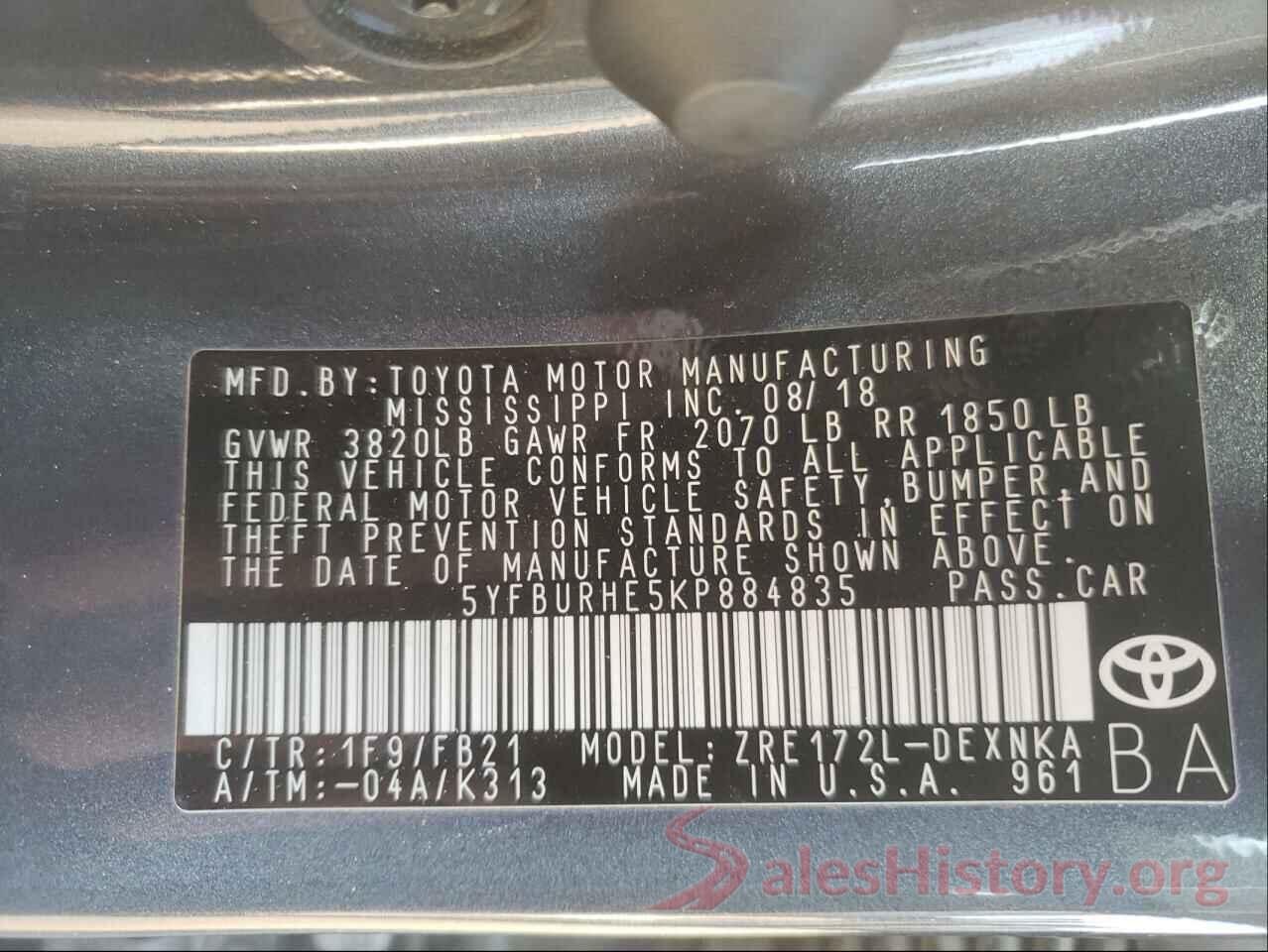 5YFBURHE5KP884835 2019 TOYOTA COROLLA