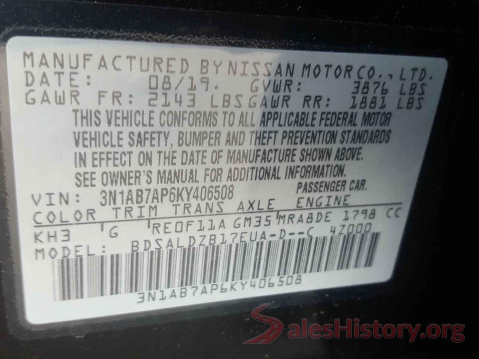 3N1AB7AP6KY406508 2019 NISSAN SENTRA