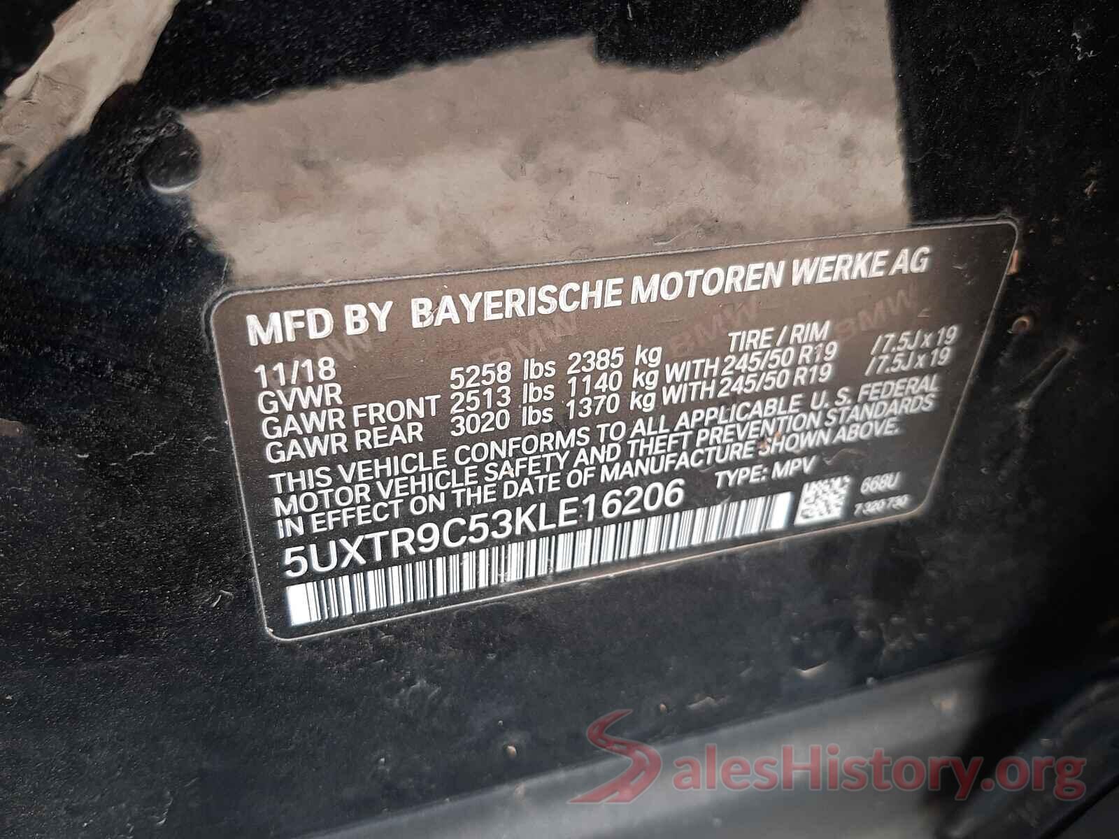 5UXTR9C53KLE16206 2019 BMW X3