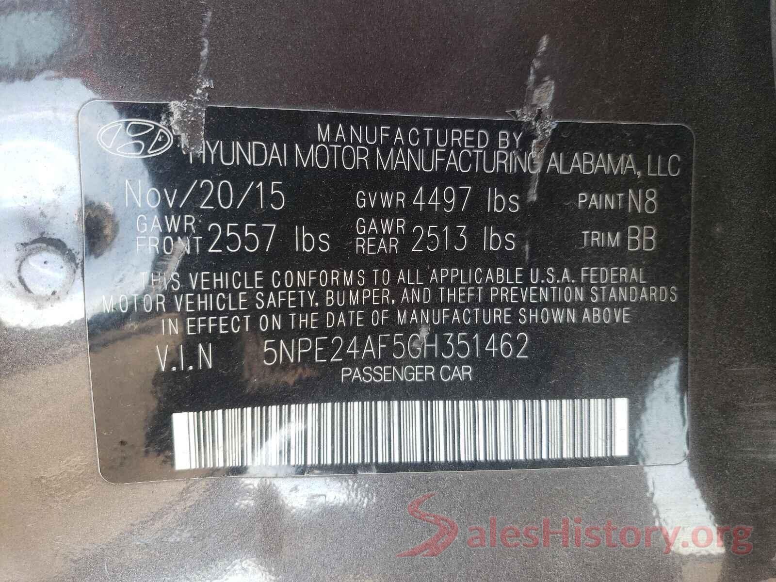 5NPE24AF5GH351462 2016 HYUNDAI SONATA