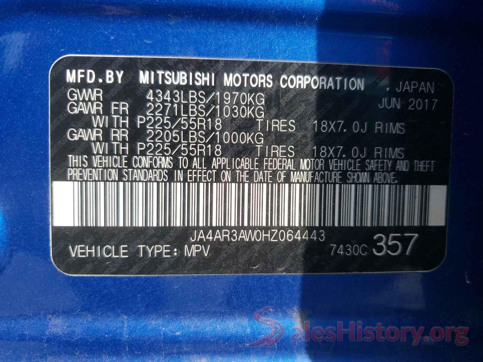 JA4AR3AW0HZ064443 2017 MITSUBISHI OUTLANDER