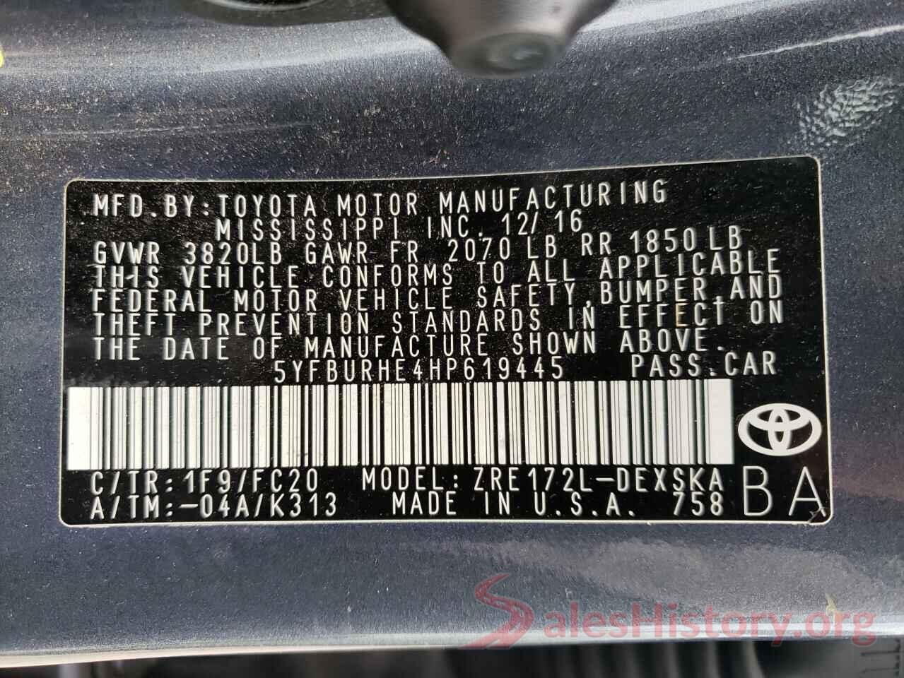 5YFBURHE4HP619445 2017 TOYOTA COROLLA