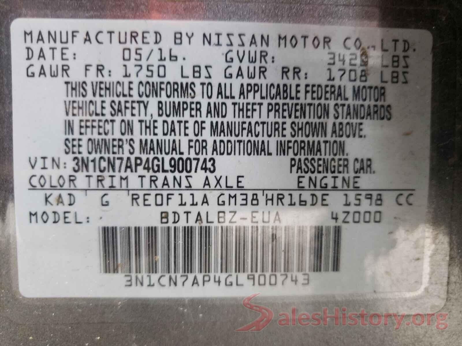 3N1CN7AP4GL900743 2016 NISSAN VERSA