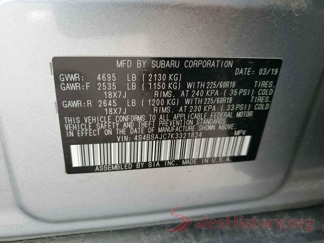 4S4BSAJC7K3321824 2019 SUBARU OUTBACK