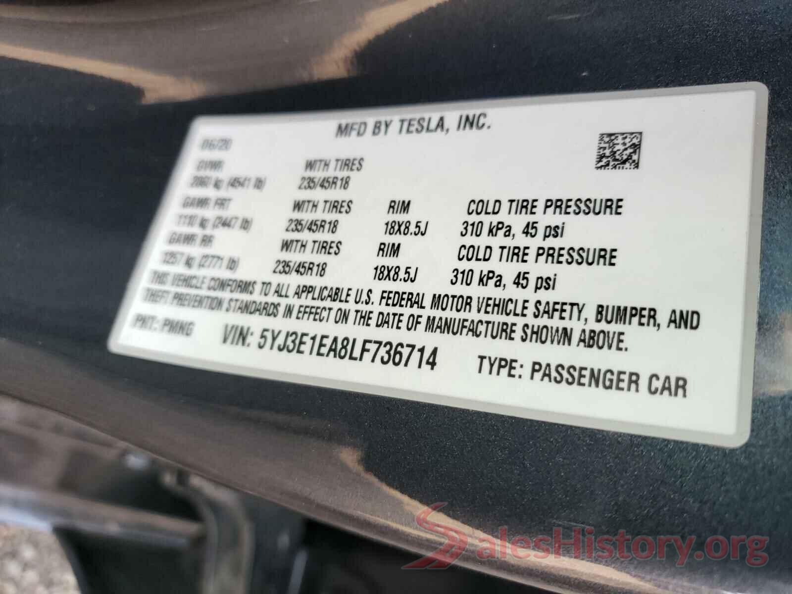 5YJ3E1EA8LF736714 2020 TESLA MODEL 3