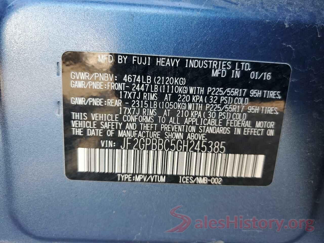 JF2GPBBC5GH245385 2016 SUBARU CROSSTREK