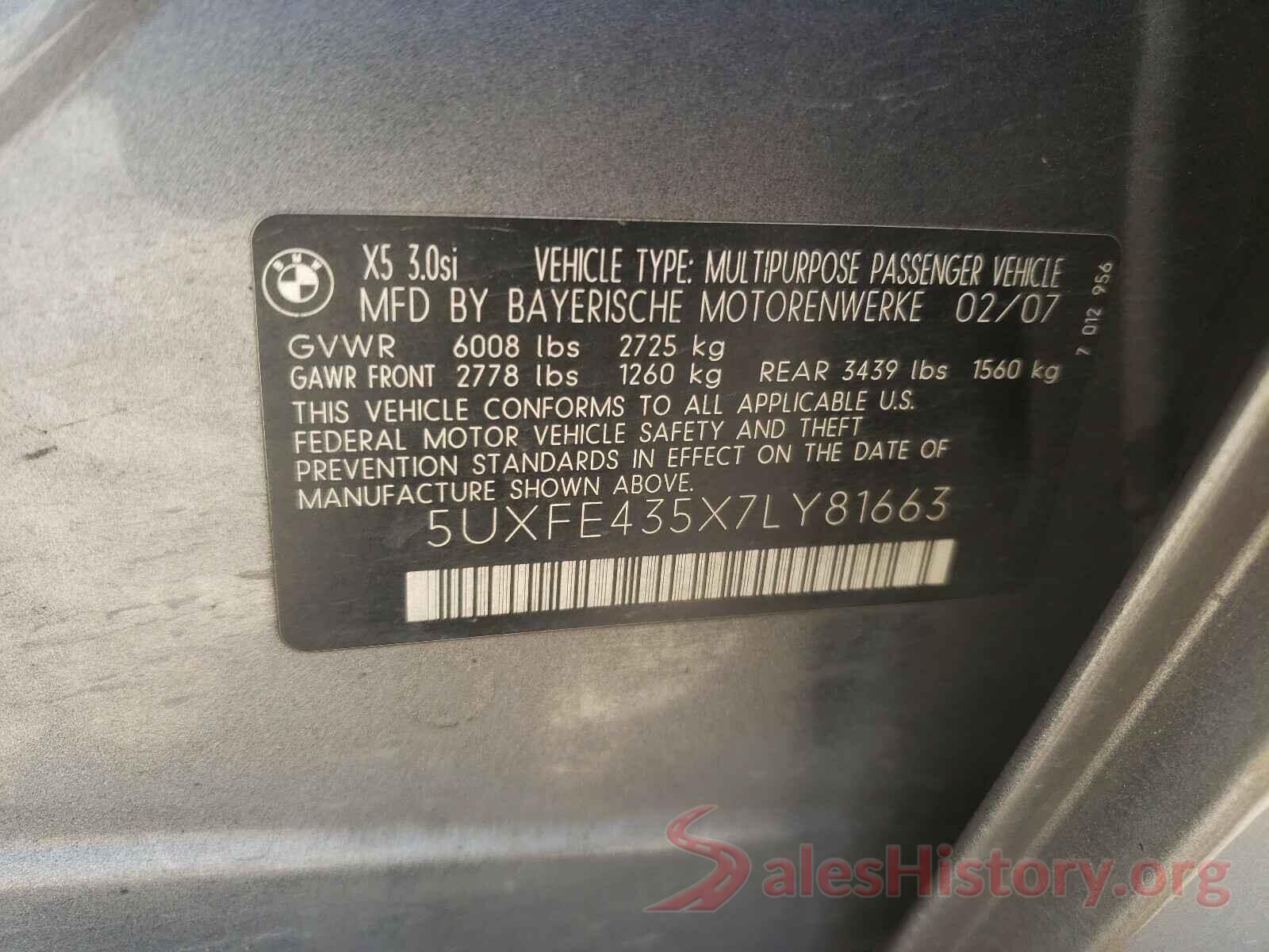 5UXFE435X7LY81663 2007 BMW X5