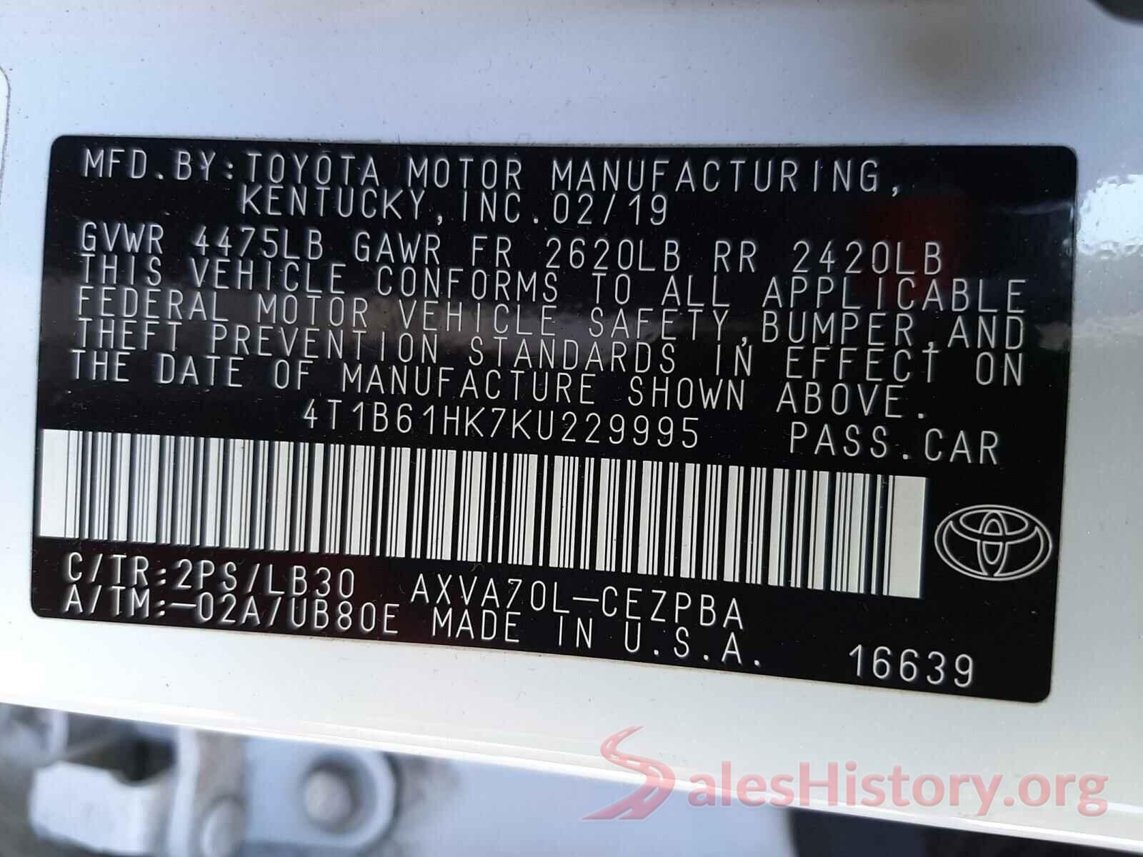 4T1B61HK7KU229995 2019 TOYOTA CAMRY