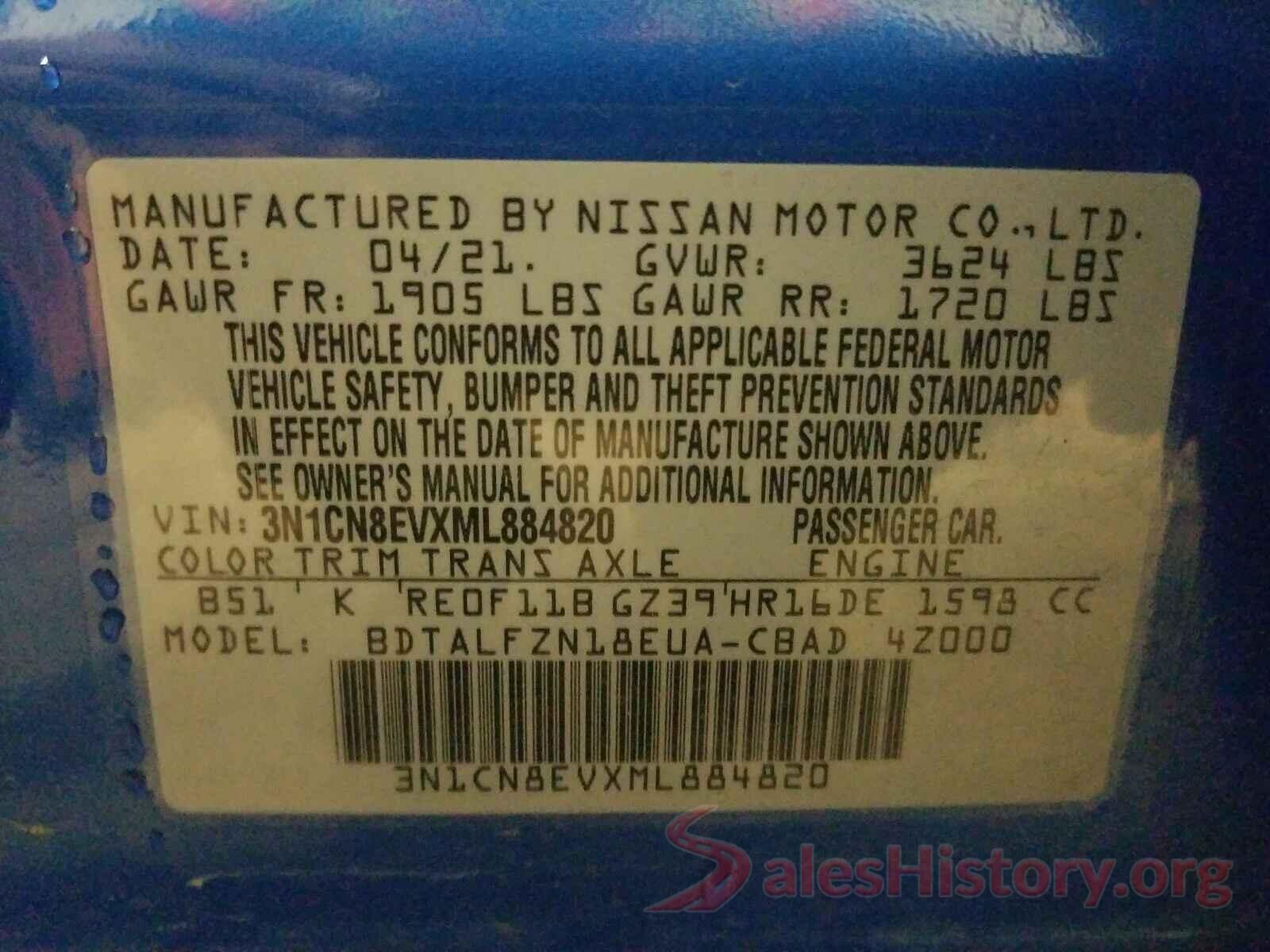 3N1CN8EVXML884820 2021 NISSAN VERSA