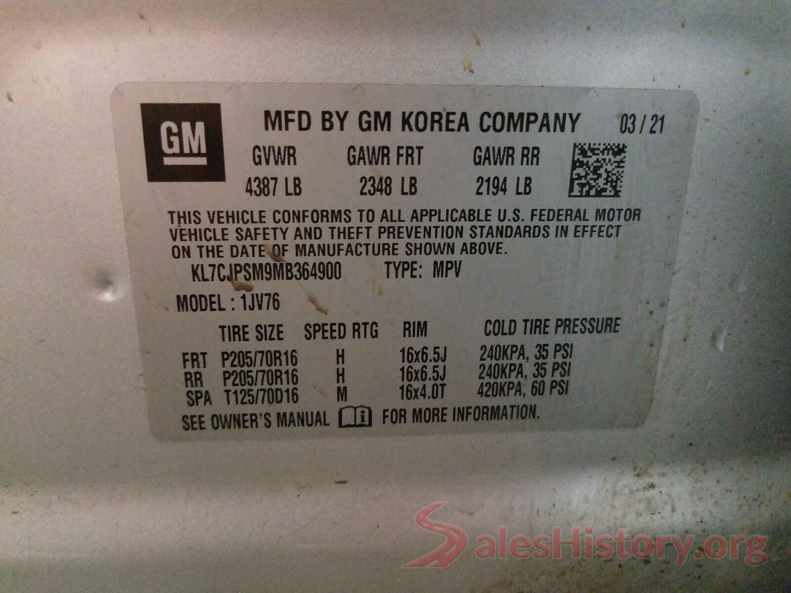 KL7CJPSM9MB364900 2021 CHEVROLET TRAX