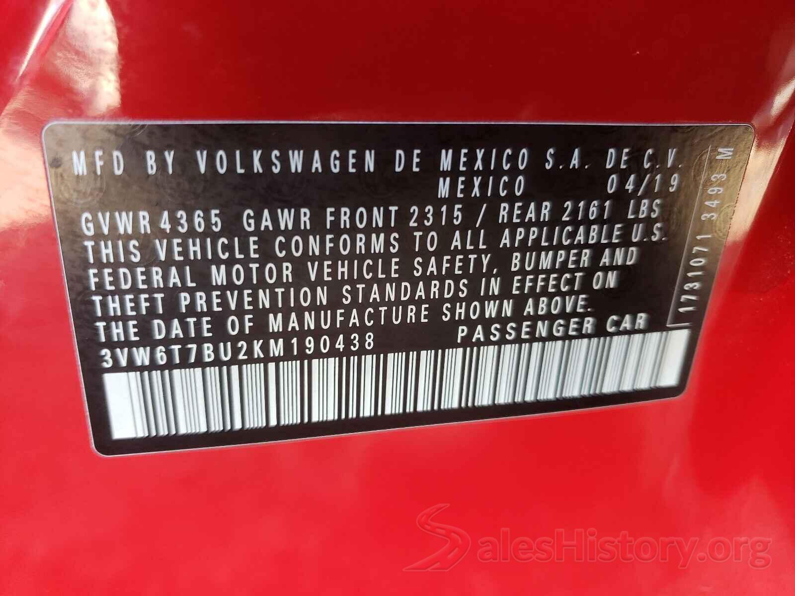 3VW6T7BU2KM190438 2019 VOLKSWAGEN JETTA