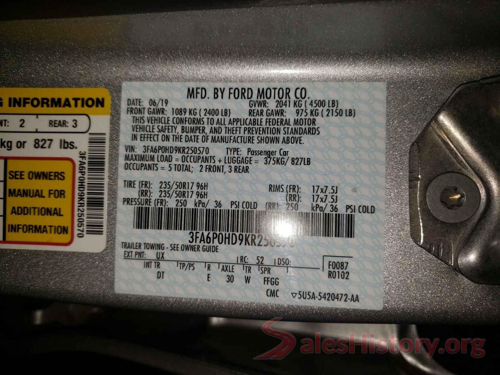 3FA6P0HD9KR250570 2019 FORD FUSION