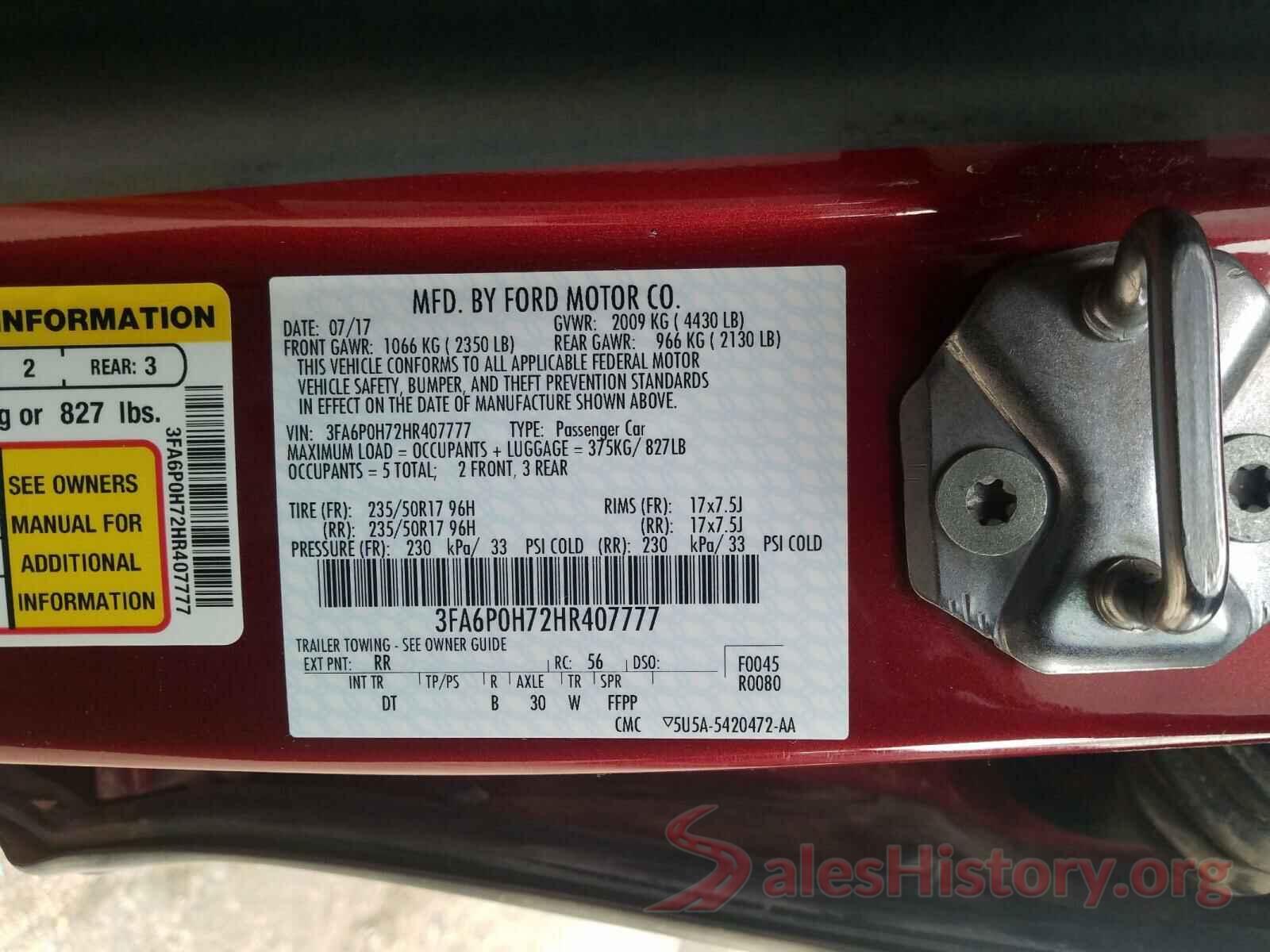 3FA6P0H72HR407777 2017 FORD FUSION