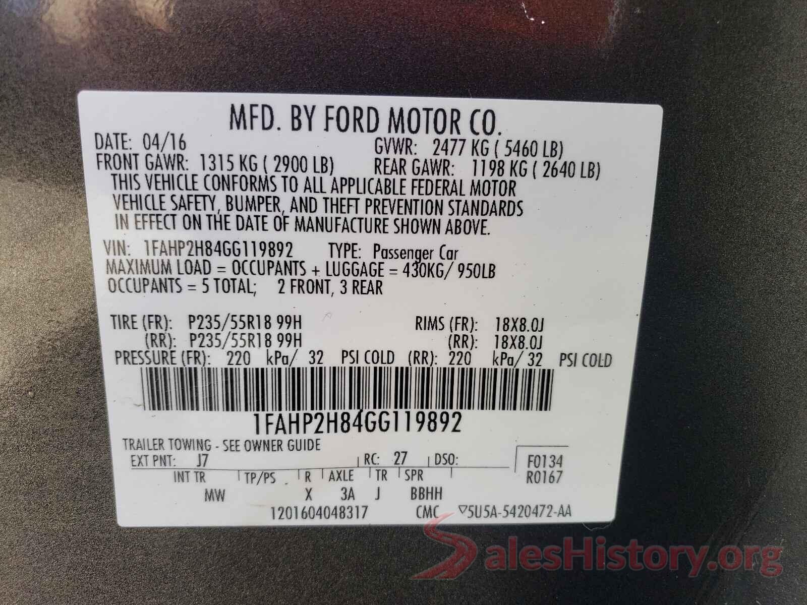 1FAHP2H84GG119892 2016 FORD TAURUS