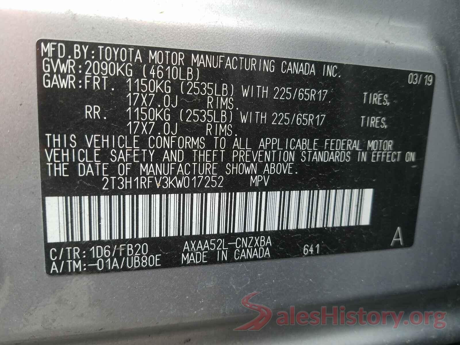 2T3H1RFV3KW017252 2019 TOYOTA RAV4