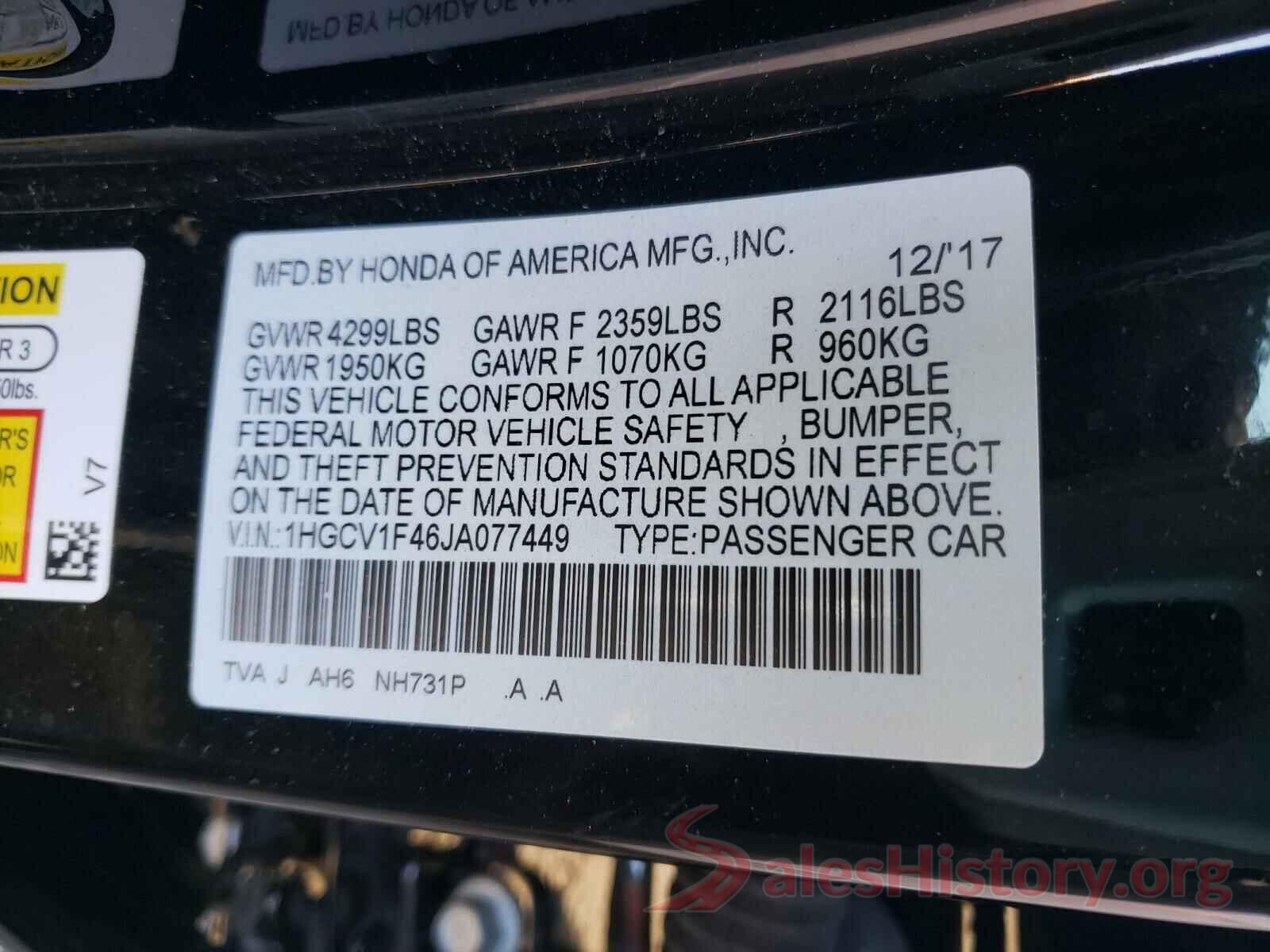 1HGCV1F46JA077449 2018 HONDA ACCORD