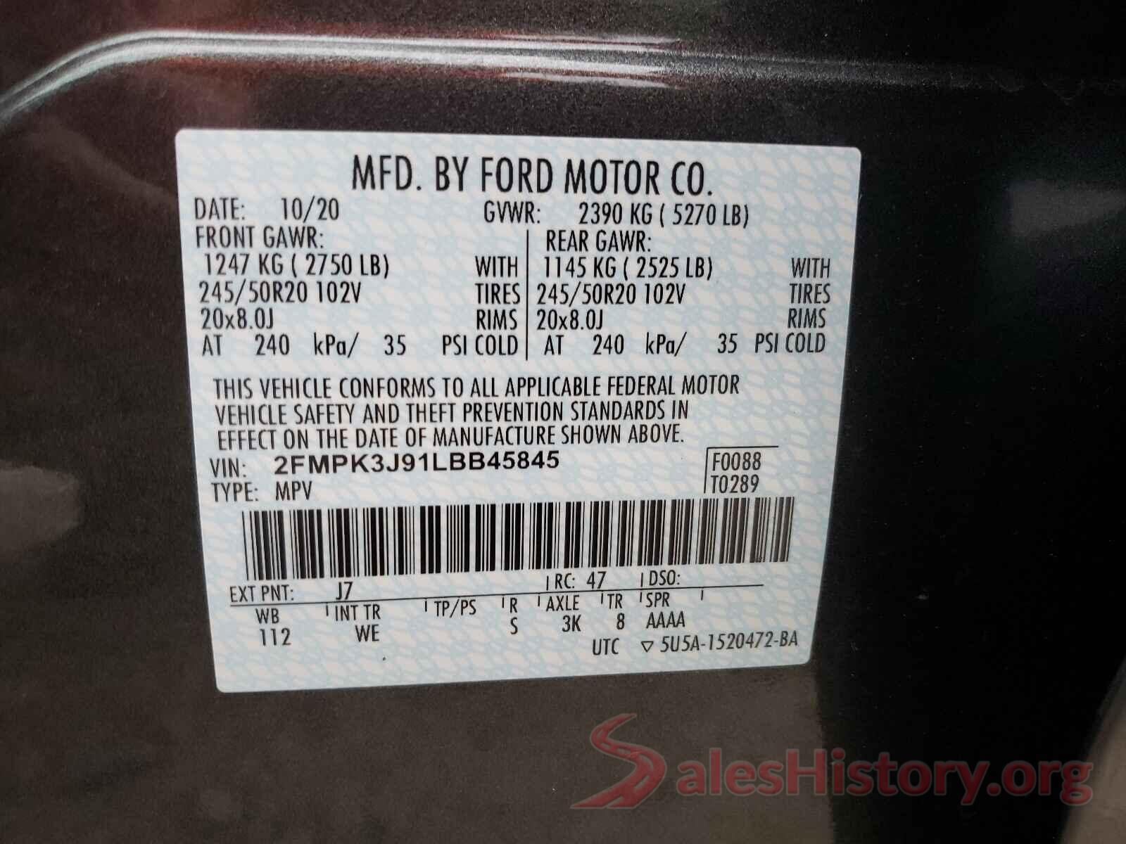 2FMPK3J91LBB45845 2020 FORD EDGE